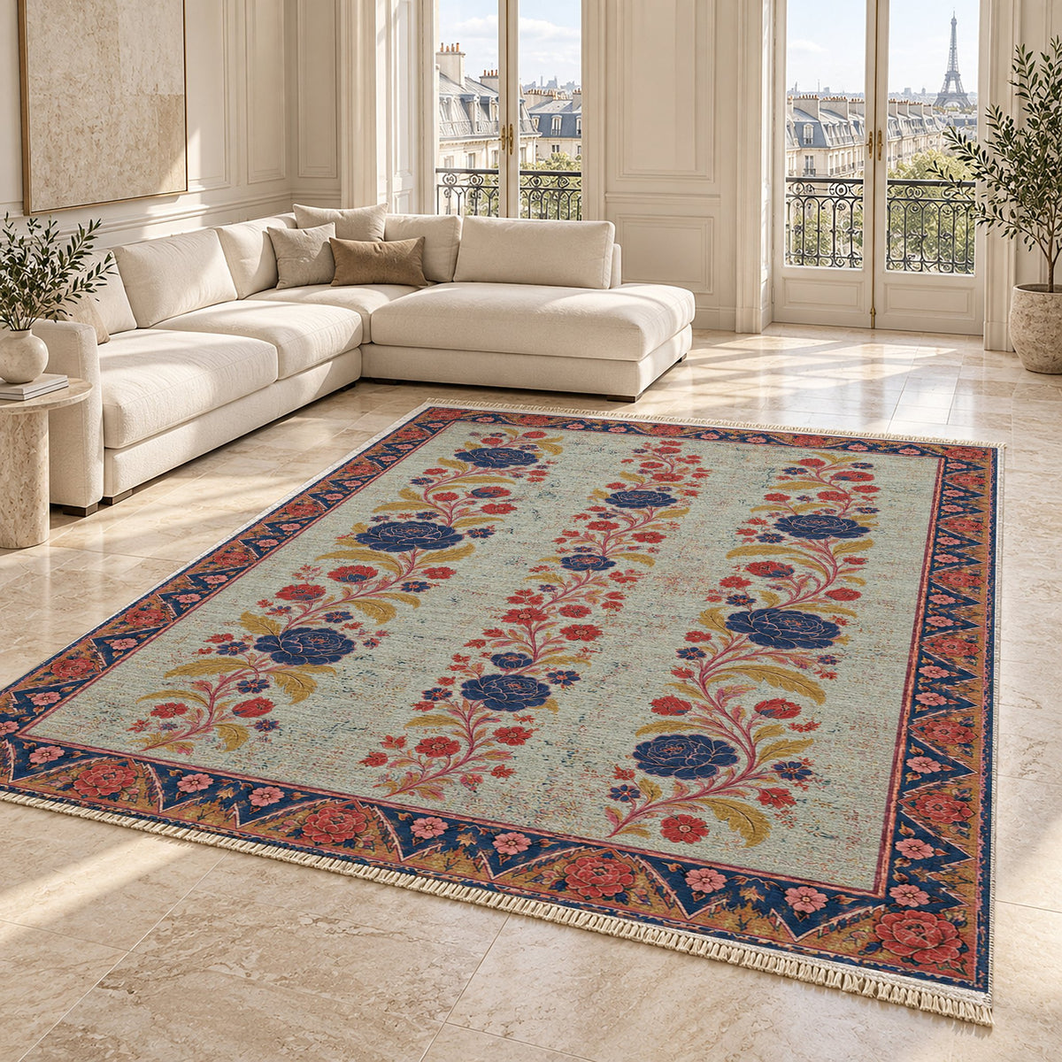 Night Garden Columns Glacier, Ink & Vermilion washable rug angled room view on marble