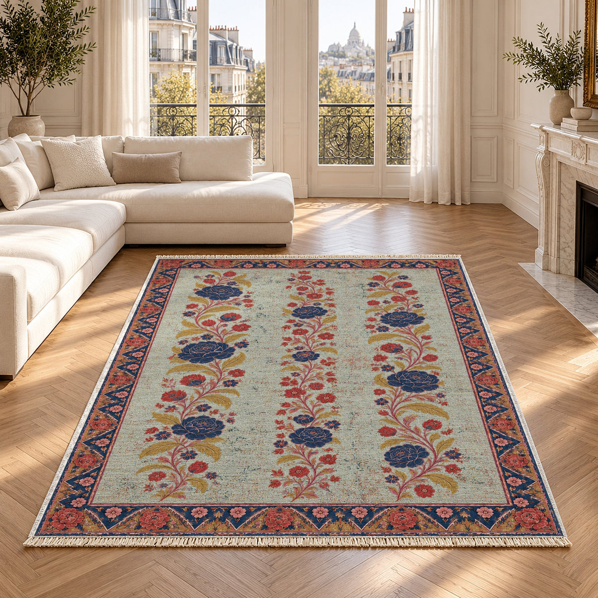 Night Garden Columns Glacier, Ink & Vermilion washable rug in a Paris living room