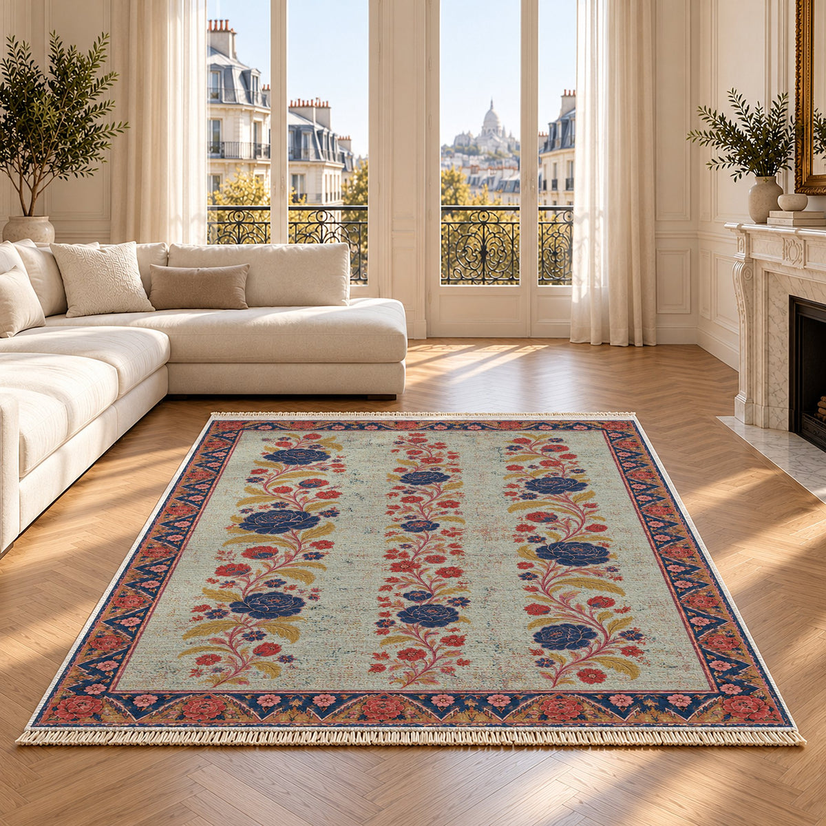 Night Garden Columns Glacier, Ink & Vermilion washable rug on an oak floor