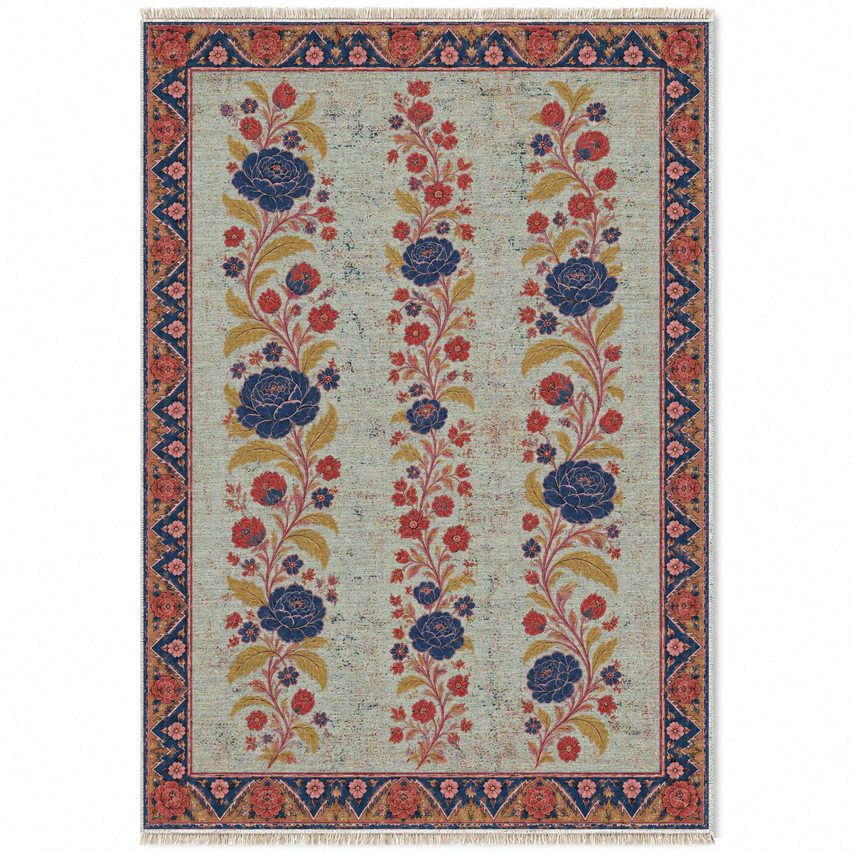 Night Garden Columns Glacier, Ink & Vermilion washable rug top view