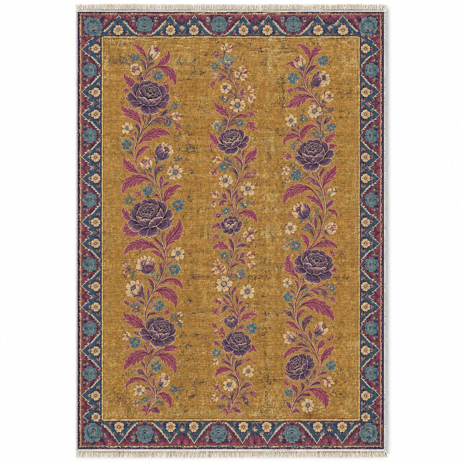 Night Garden Columns Golden, Plum & Azure Distressed Washable Rug