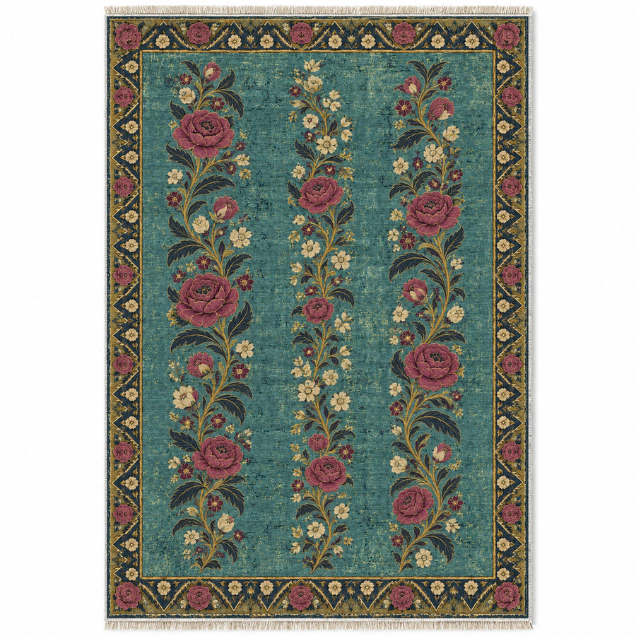 Night Garden Columns Lagoon & Berry Distressed Washable Rug