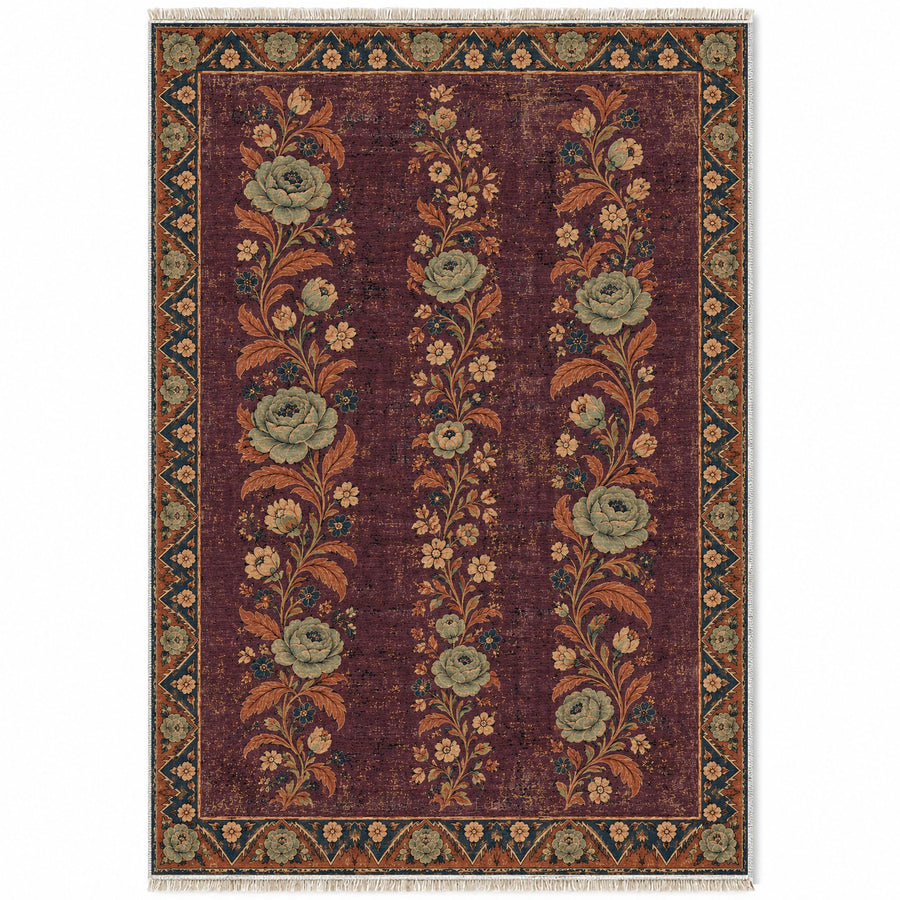 Night Garden Columns Mulberry & Celadon Distressed Washable Rug