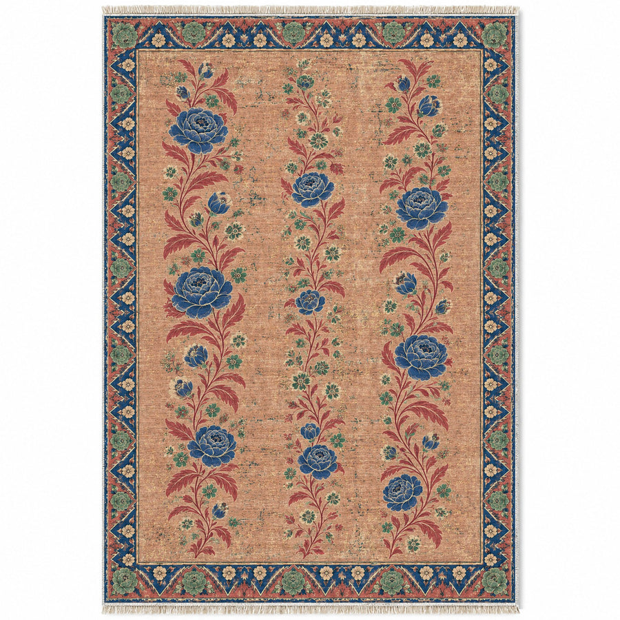 Night Garden Columns Peach, Cobalt & Jade Distressed Washable Rug