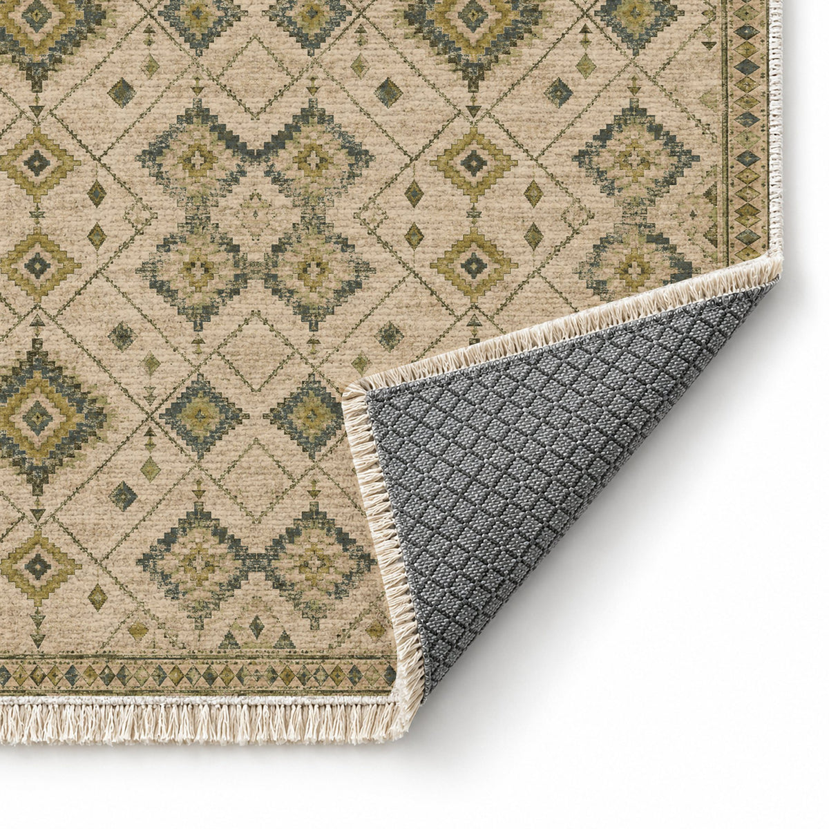 Nomad Lattice Olive & Ochre washable rug folded corner showing the backing