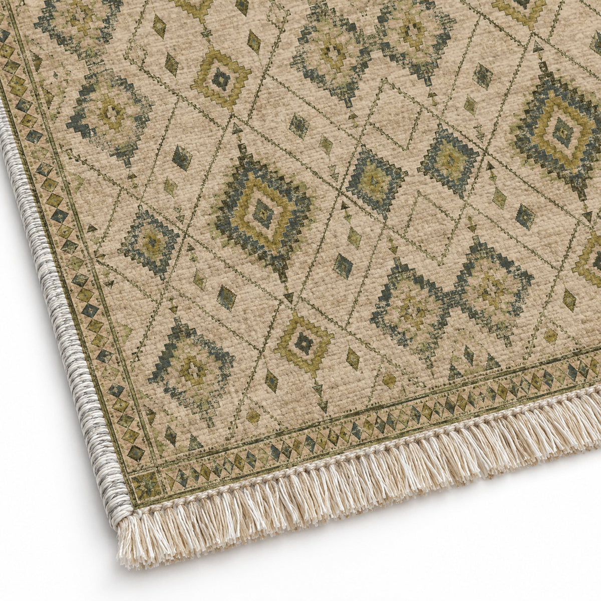Nomad Lattice Olive & Ochre washable rug close-up of the printed chenille