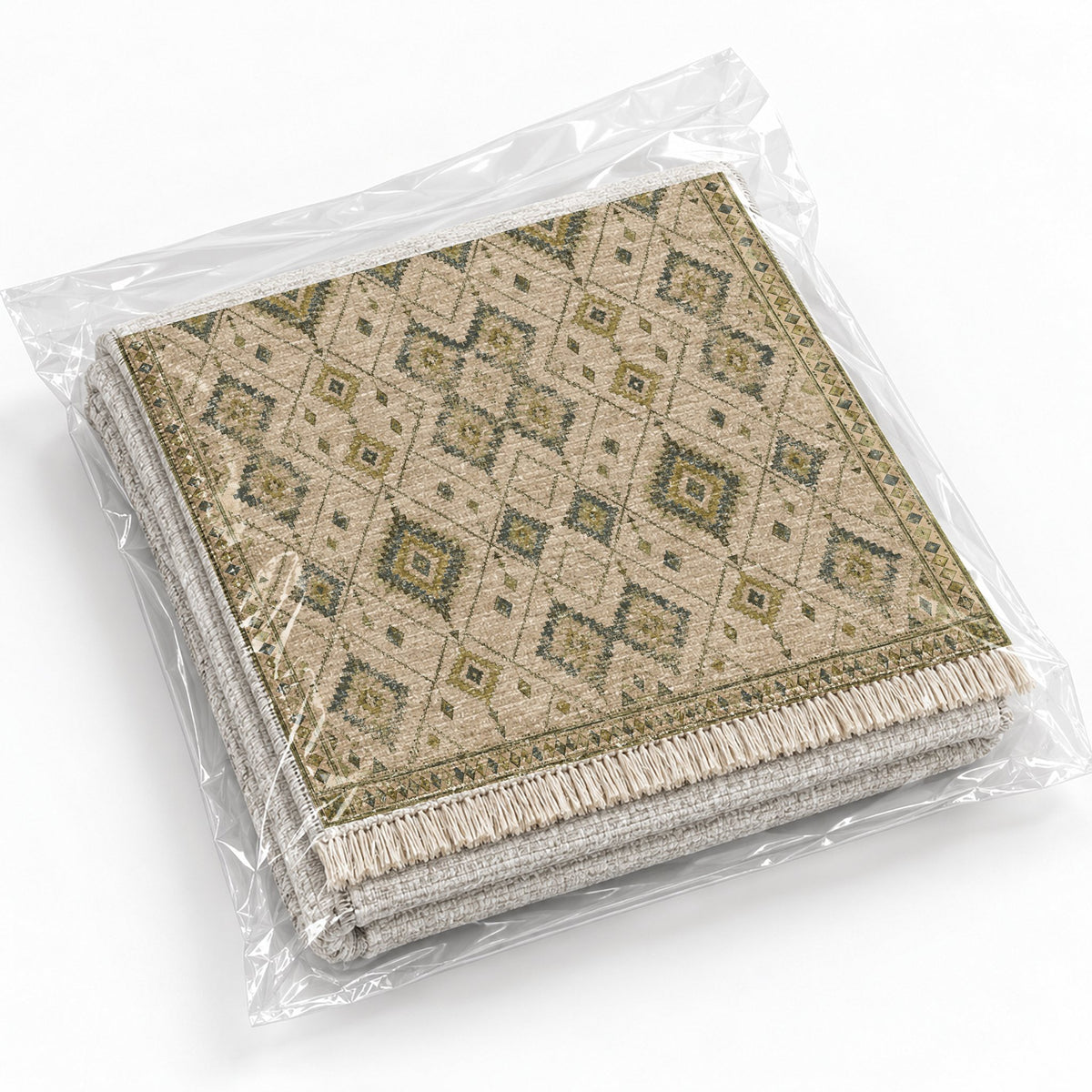 Nomad Lattice Olive & Ochre washable rug rolled and packaged