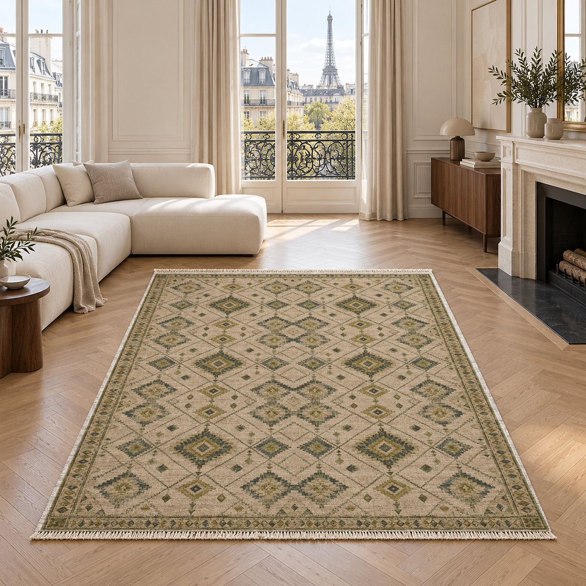 Nomad Lattice Olive & Ochre washable rug in a living room with an Eiffel Tower view