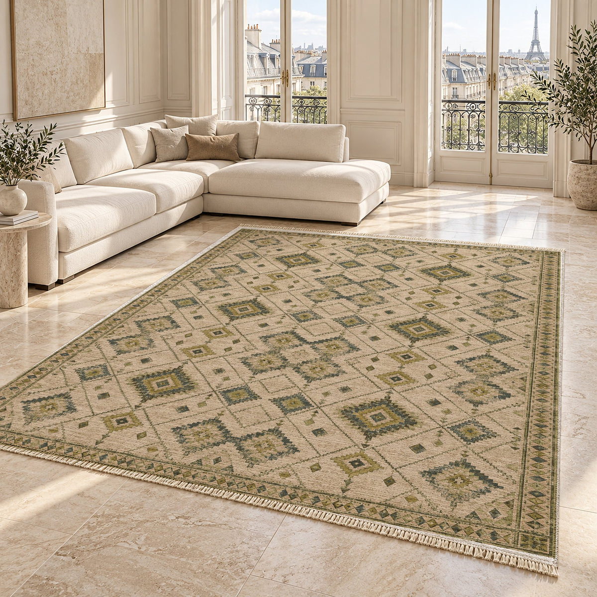 Nomad Lattice Olive & Ochre washable rug angled room view on marble