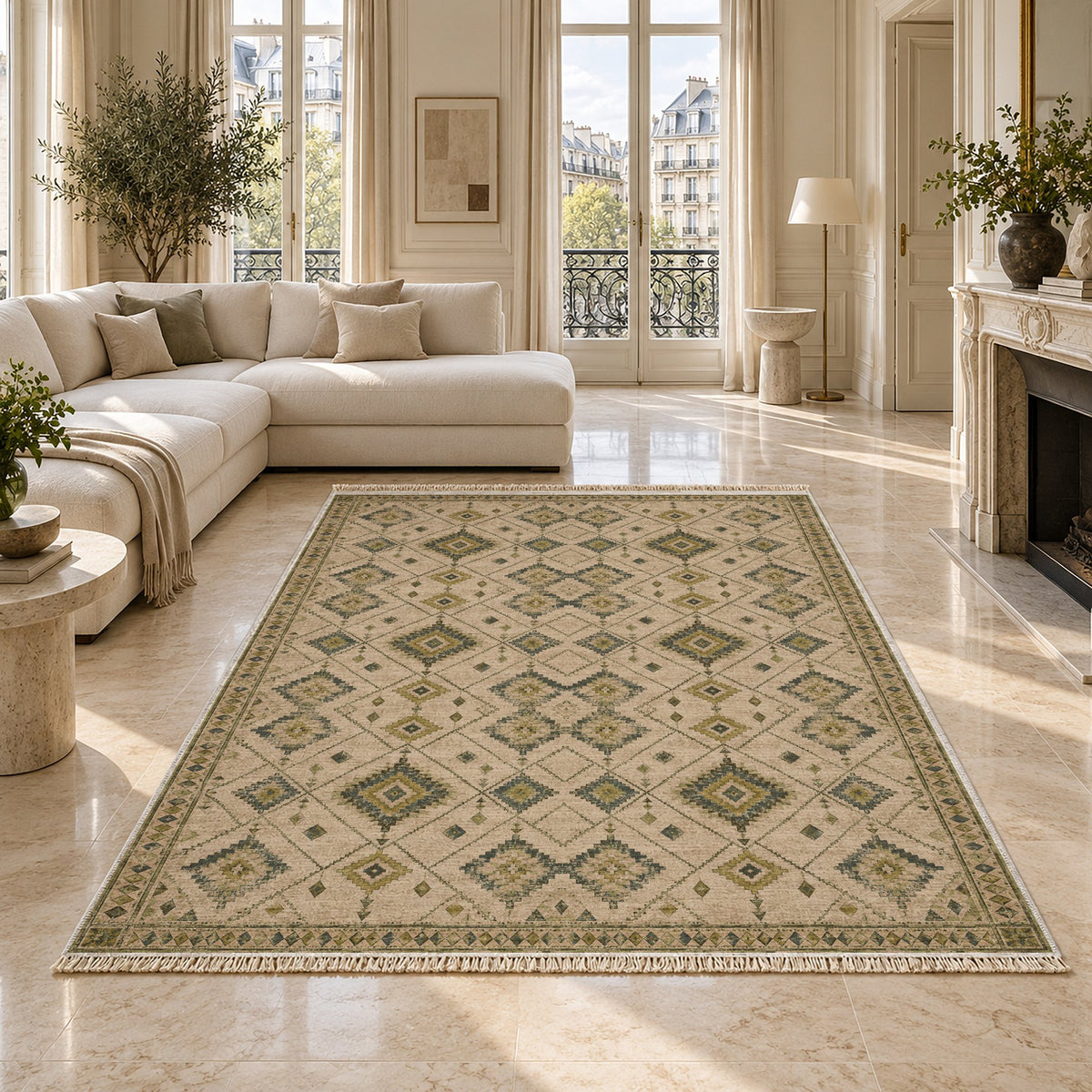 Nomad Lattice Olive & Ochre washable rug on a marble floor