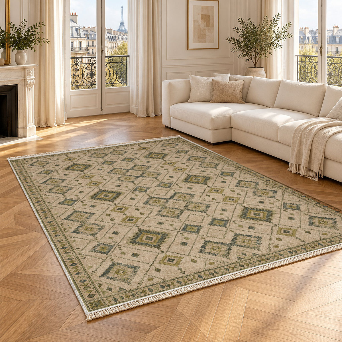 Nomad Lattice Olive & Ochre washable rug angled room view