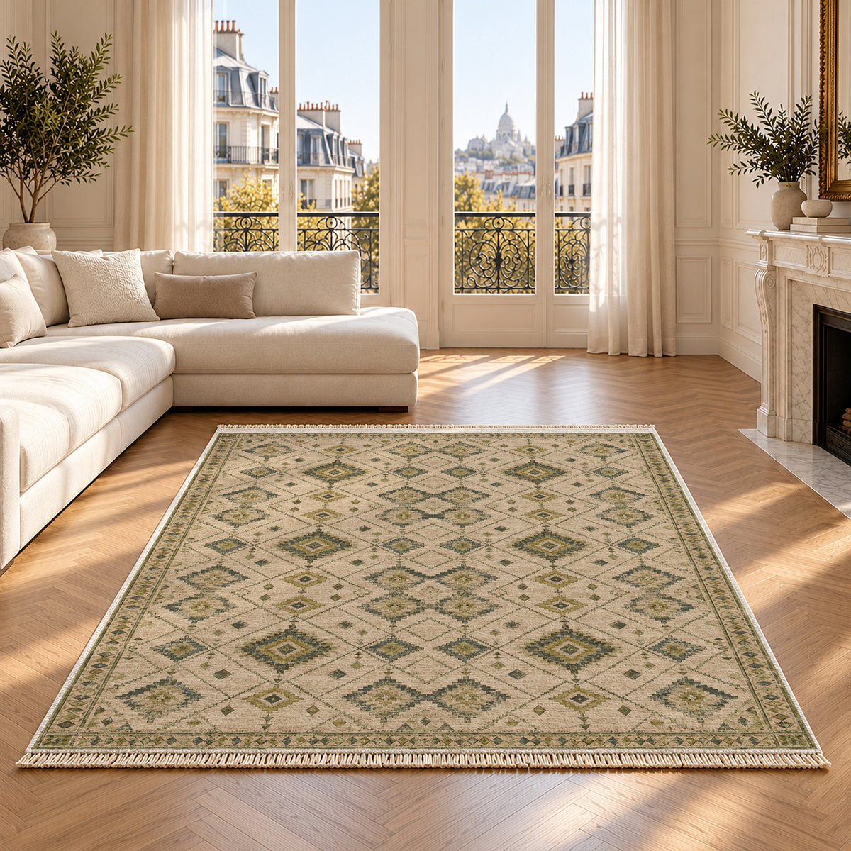 Nomad Lattice Olive & Ochre washable rug on an oak floor