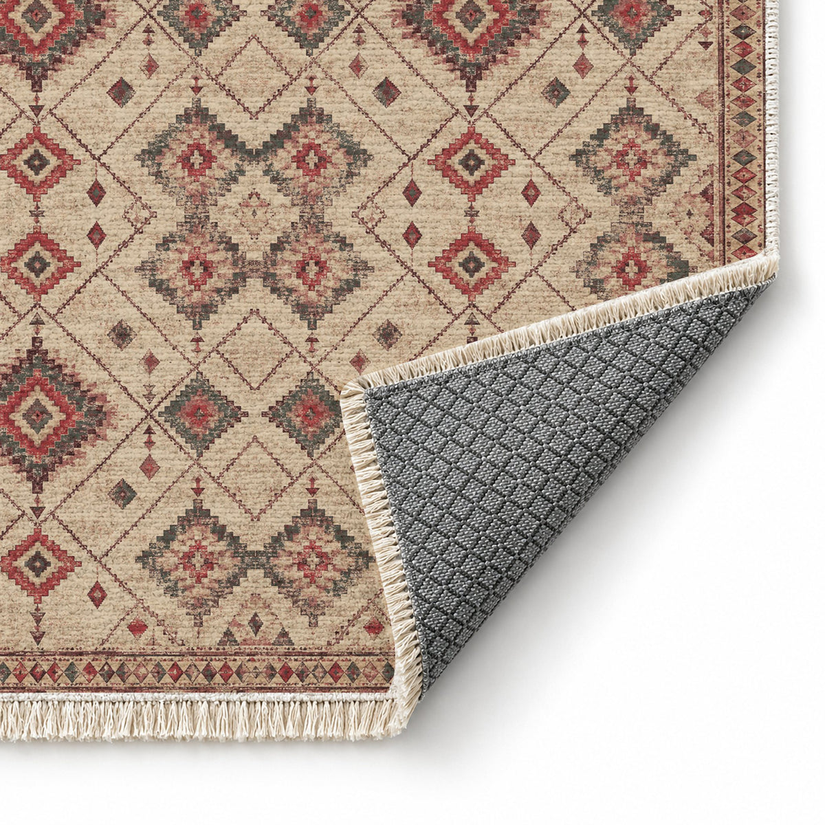 Nomad Lattice Rose & Mineral washable rug folded corner showing the backing