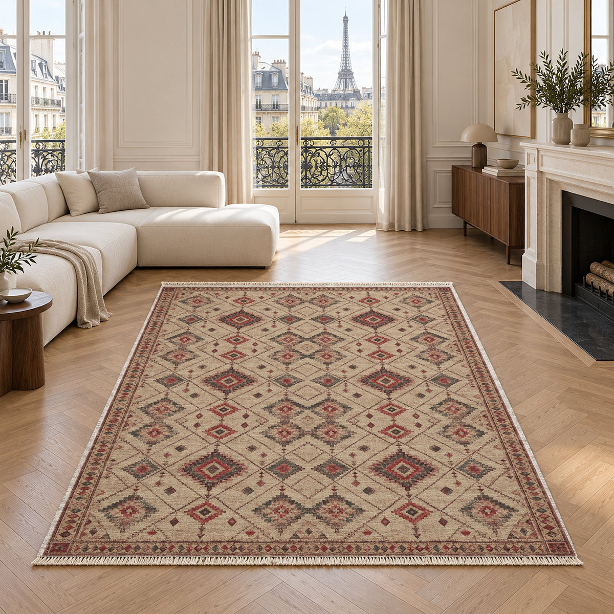 Nomad Lattice Rose & Mineral washable rug in a living room with an Eiffel Tower view