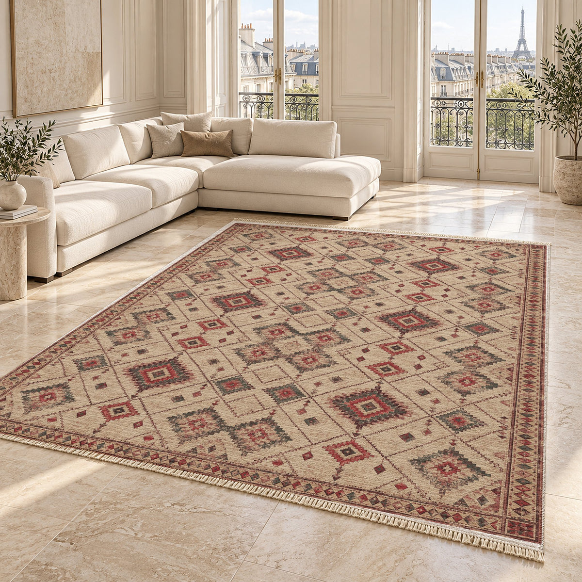 Nomad Lattice Rose & Mineral washable rug angled room view on marble