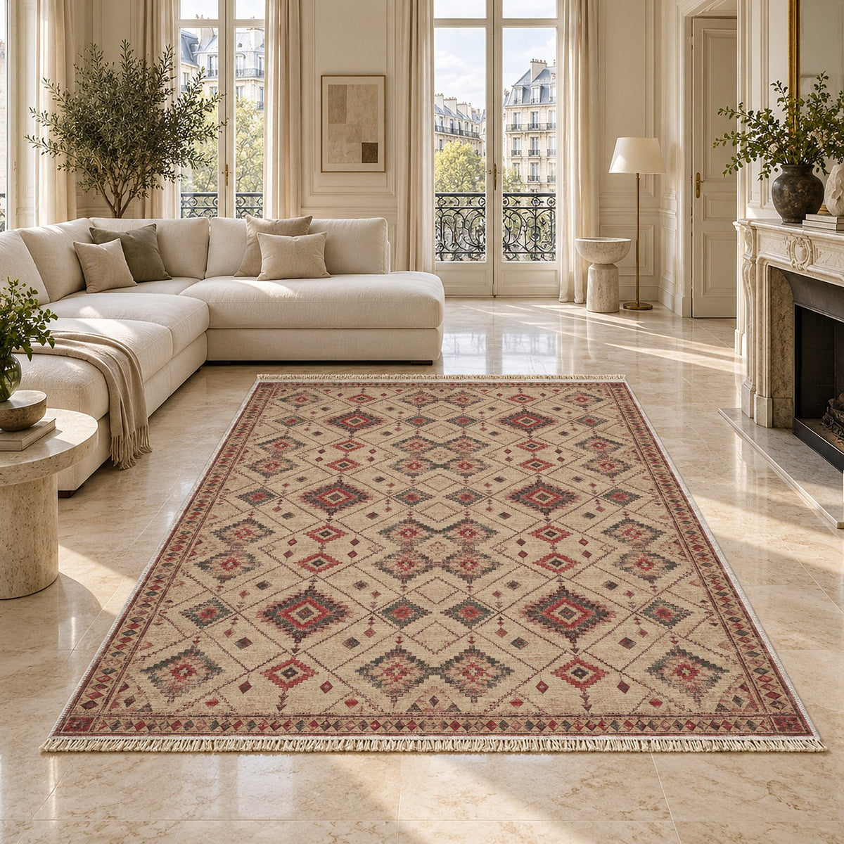 Nomad Lattice Rose & Mineral washable rug on a marble floor