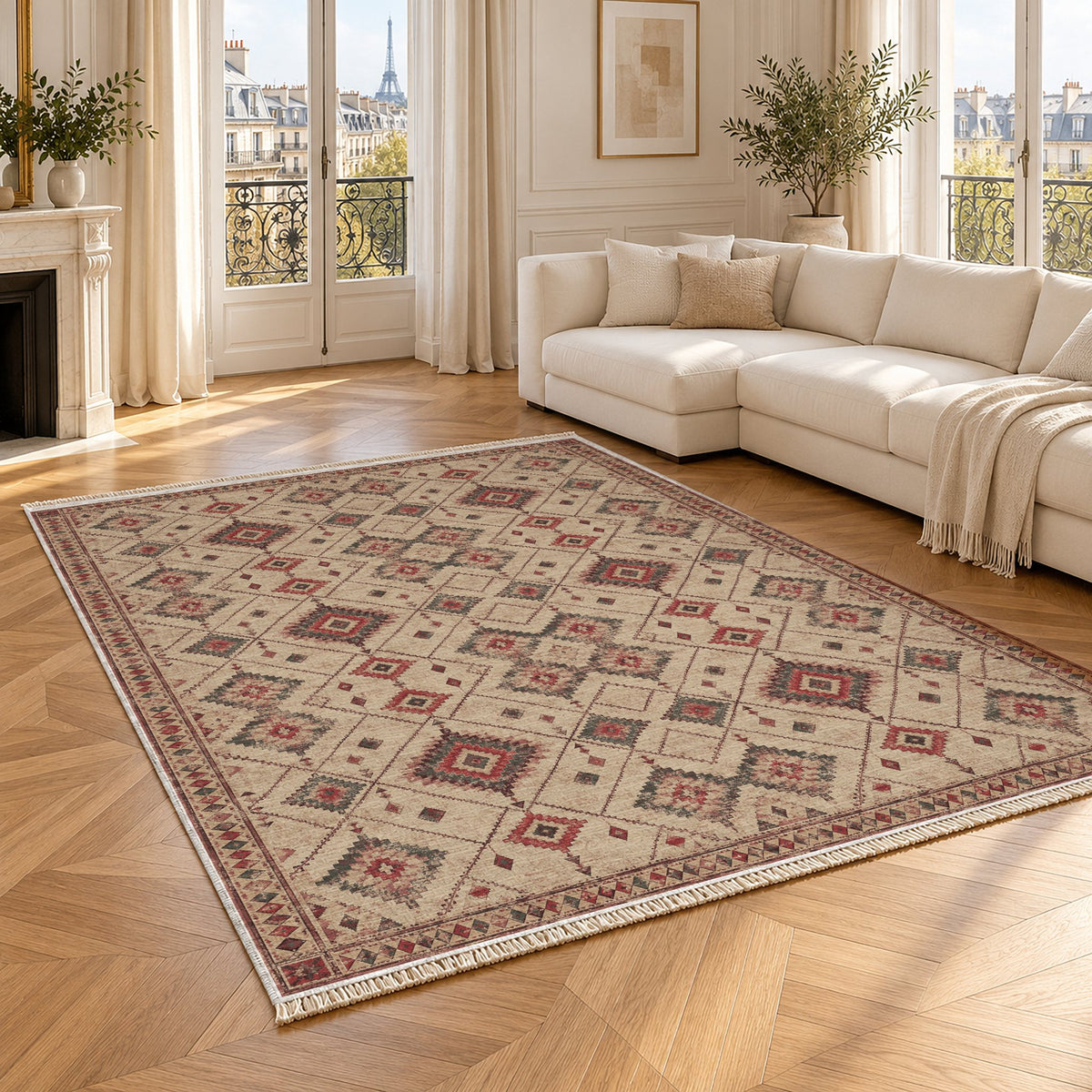 Nomad Lattice Rose & Mineral washable rug angled room view