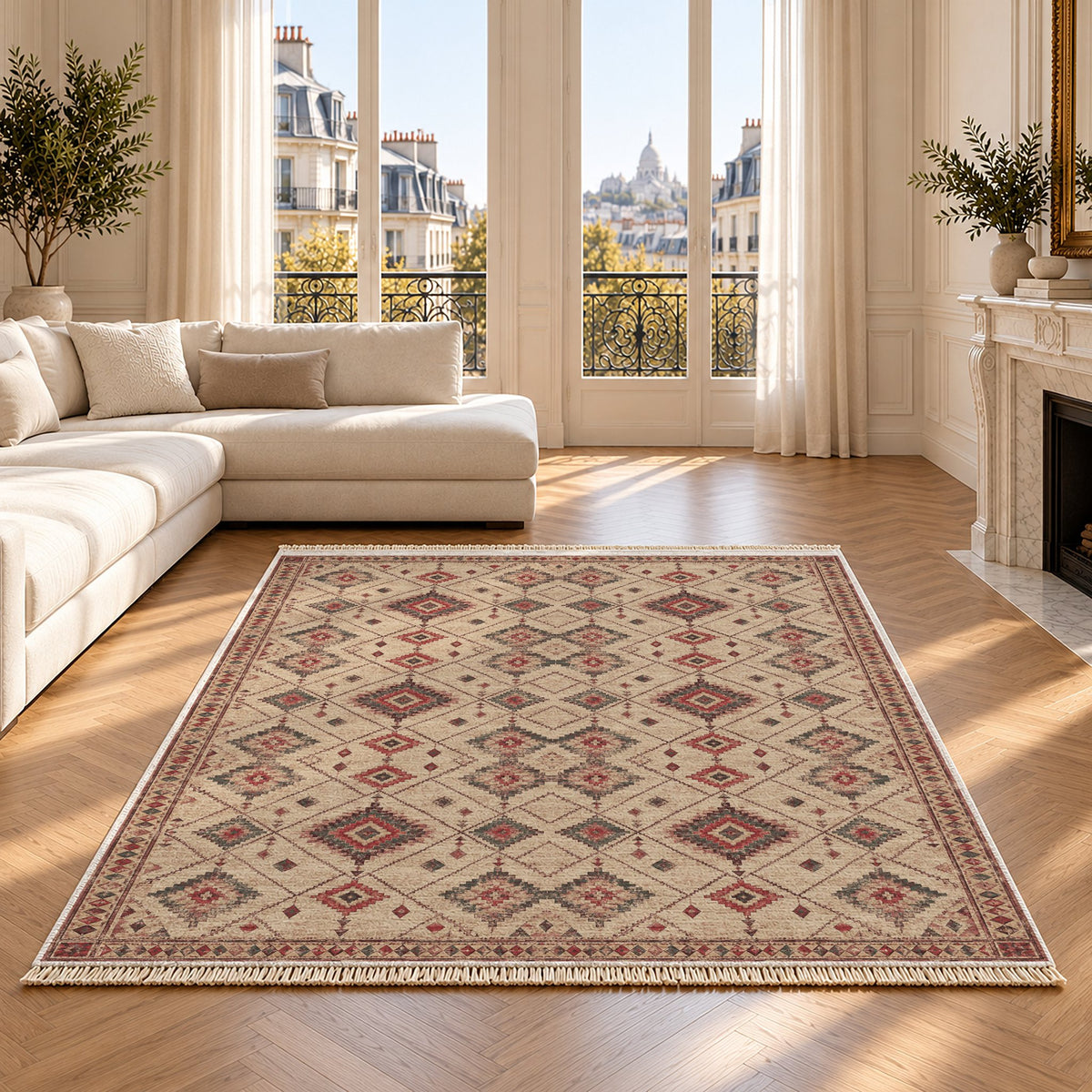 Nomad Lattice Rose & Mineral washable rug on an oak floor
