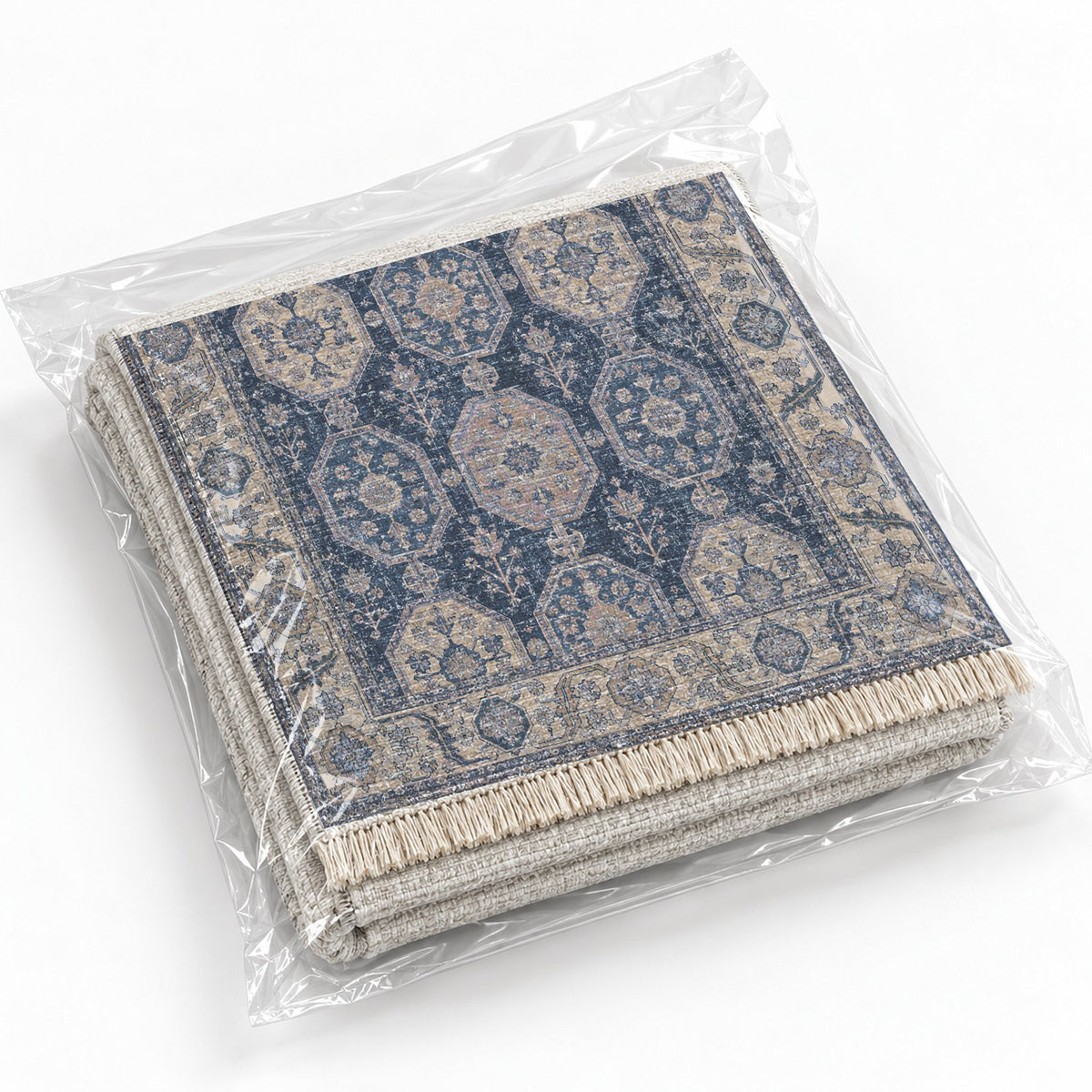 Octagon Towers Mineral Blue washable rug rolled and packaged