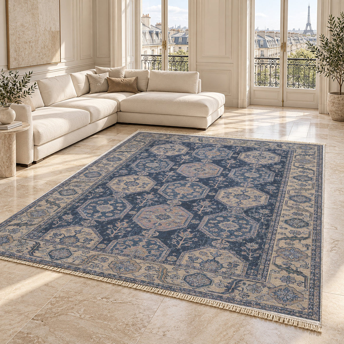 Octagon Towers Mineral Blue washable rug angled room view on marble