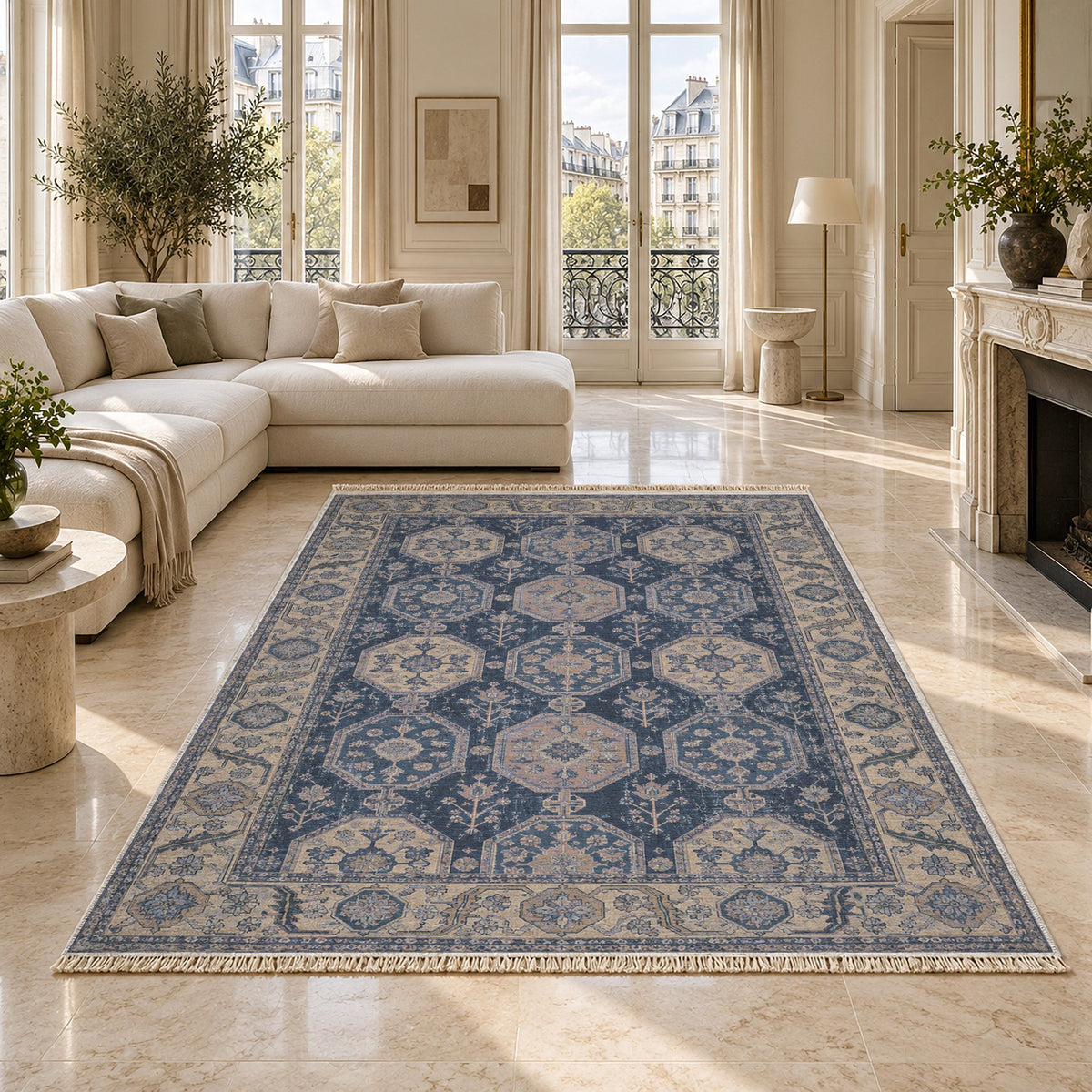 Octagon Towers Mineral Blue washable rug on a marble floor