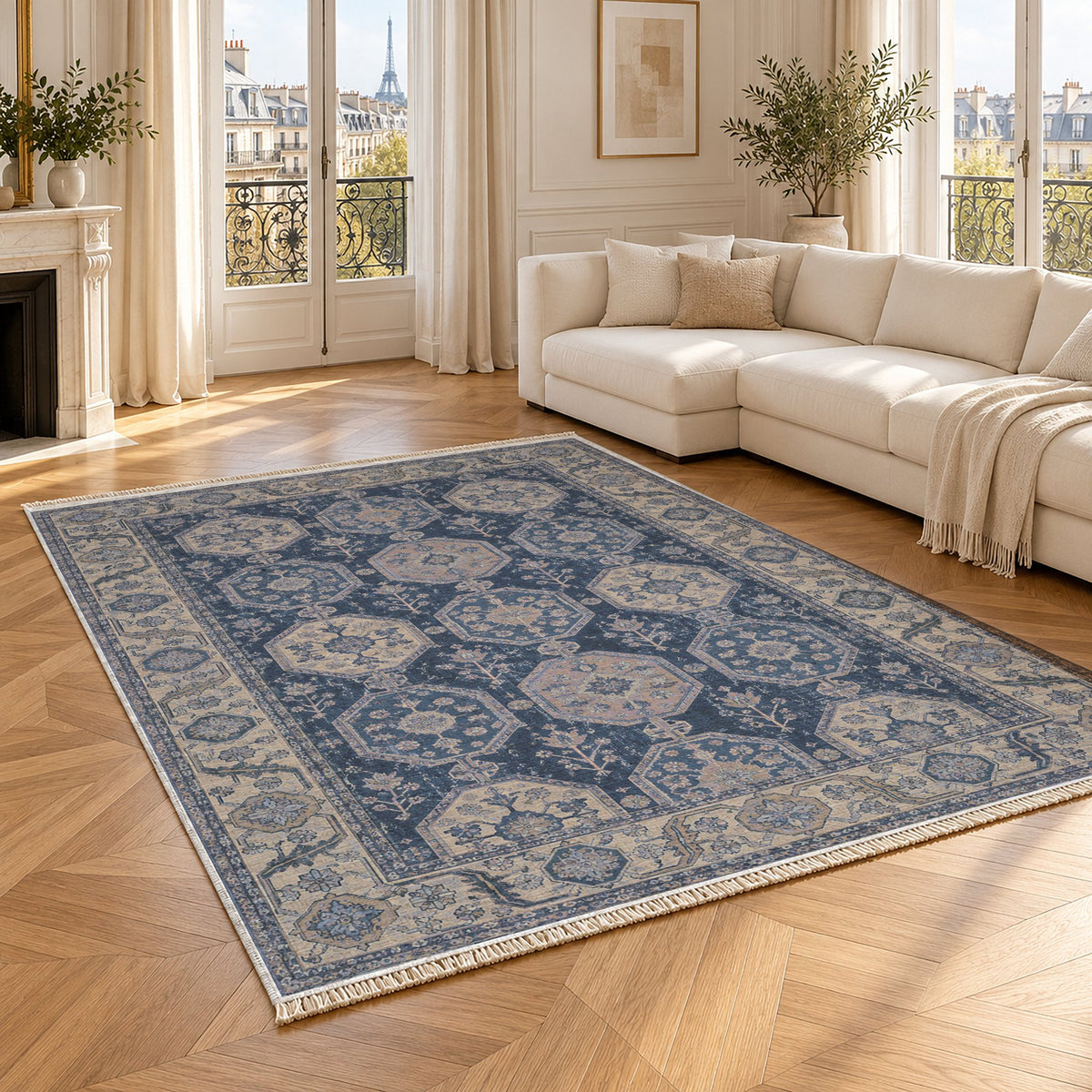 Octagon Towers Mineral Blue washable rug angled room view