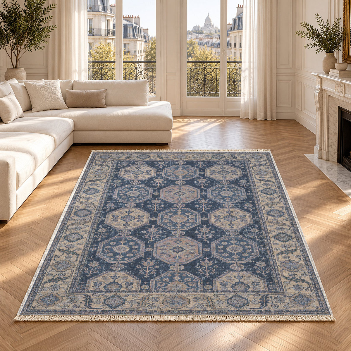 Octagon Towers Mineral Blue washable rug in a Paris living room