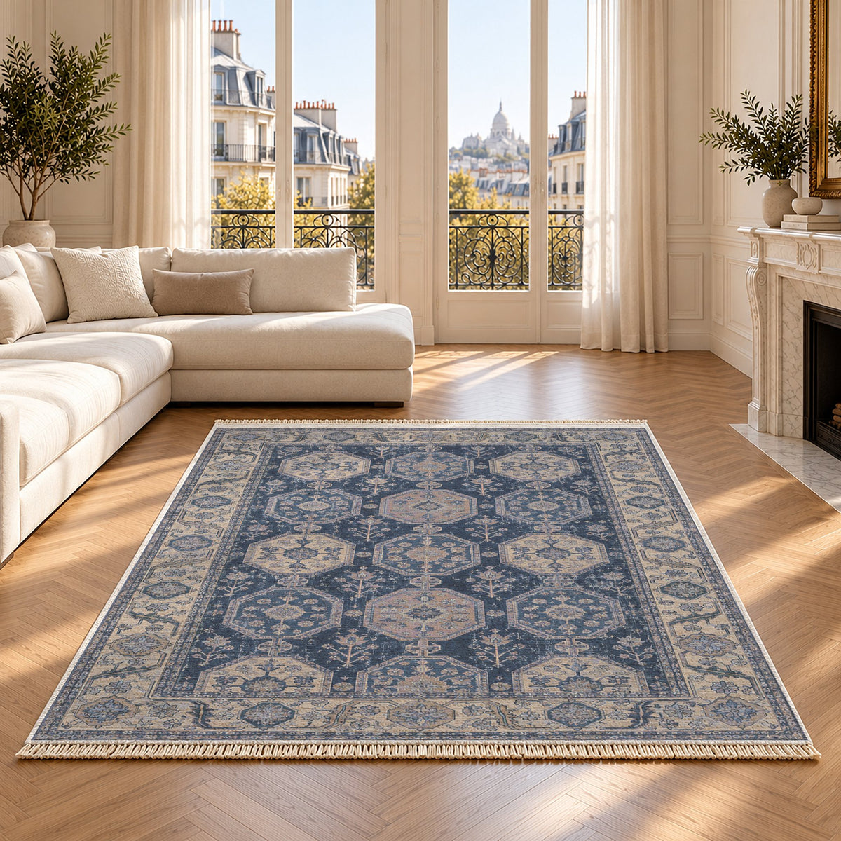Octagon Towers Mineral Blue washable rug on an oak floor