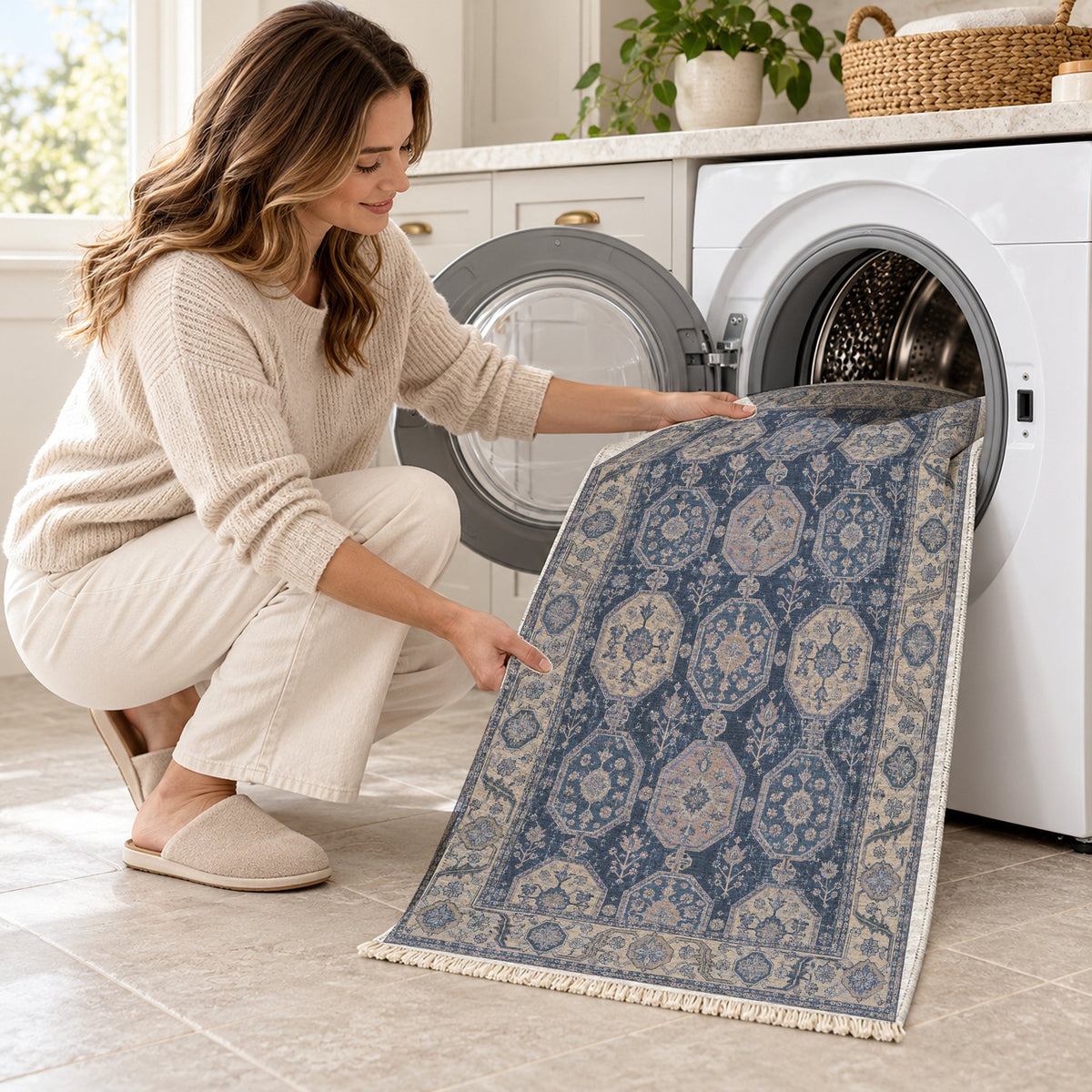 Octagon Towers Mineral Blue washable rug being loaded into a washing machine