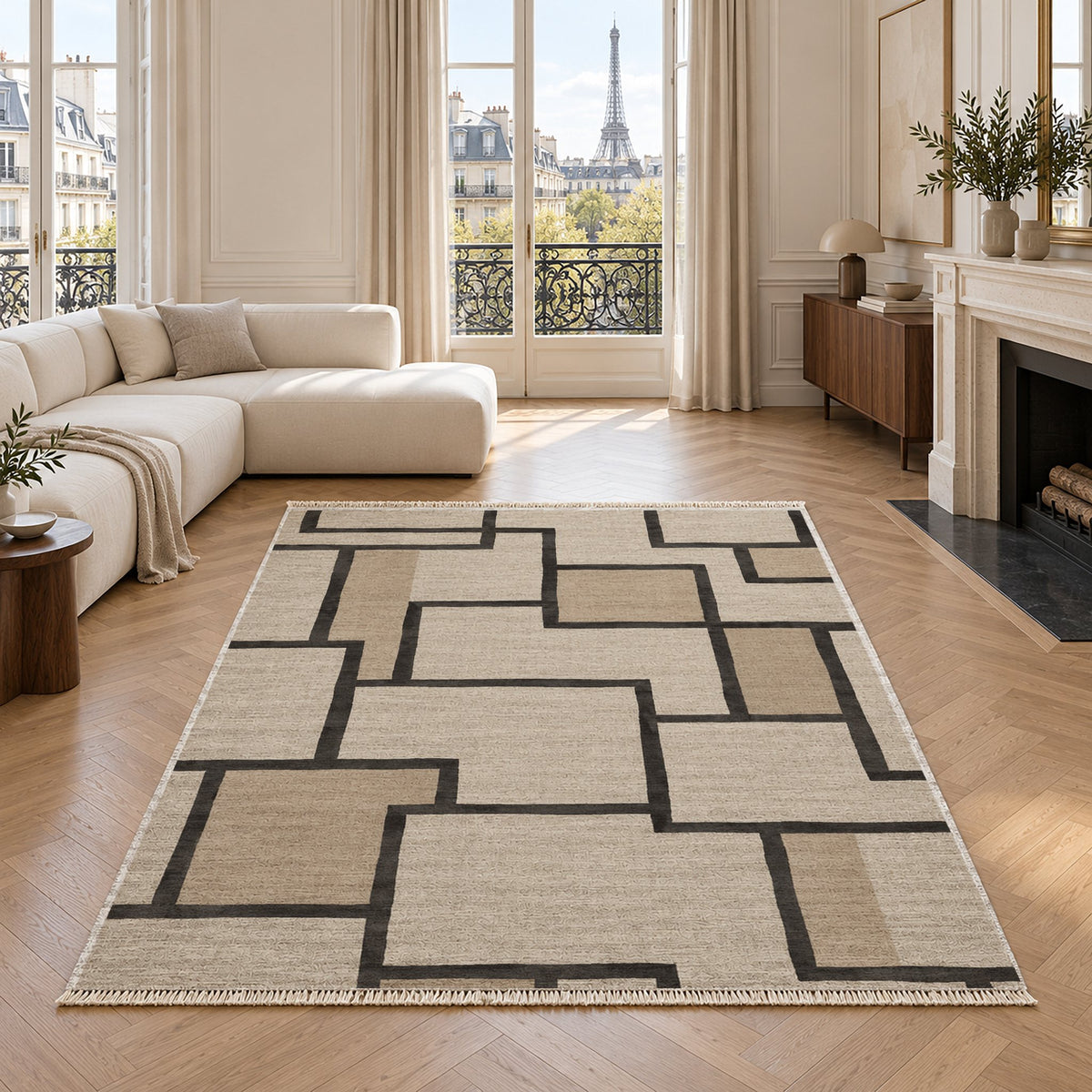 Offset Grid Ivory & Charcoal washable rug in a living room with an Eiffel Tower view