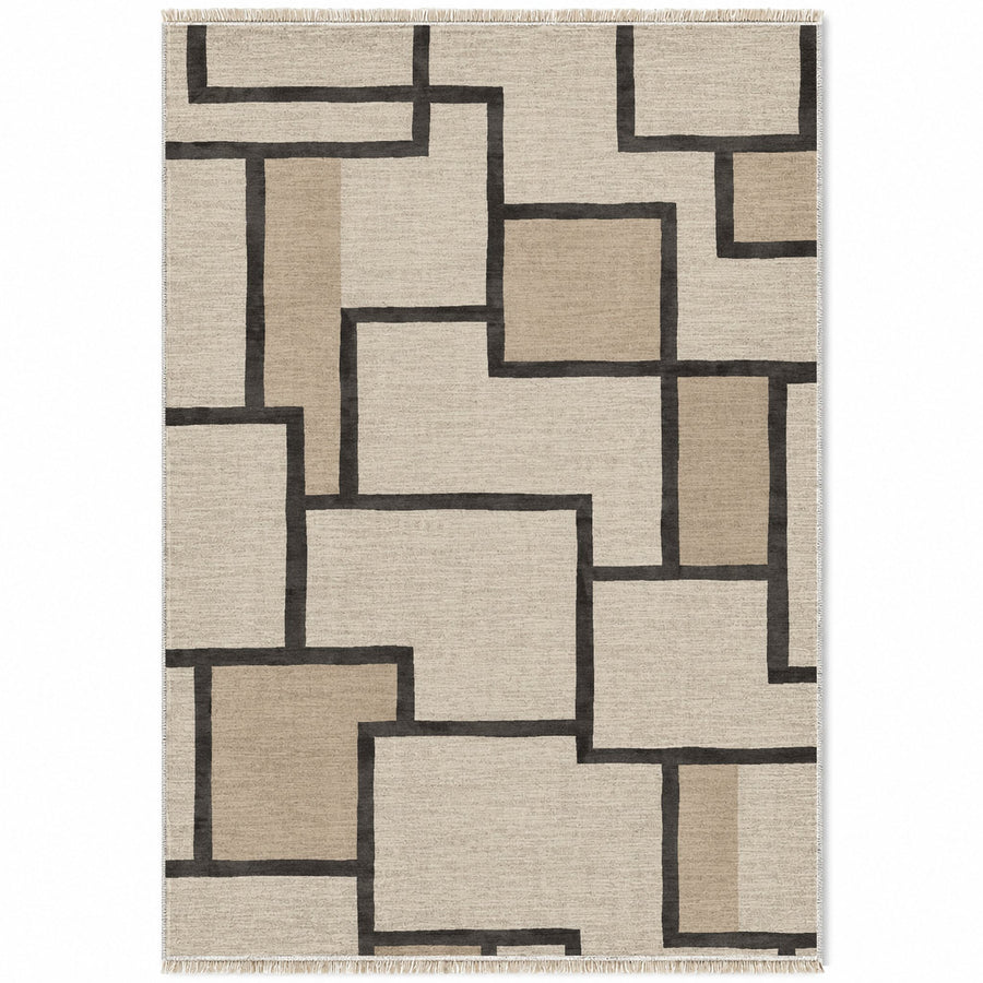 Offset Grid Ivory & Charcoal Berber Washable Rug