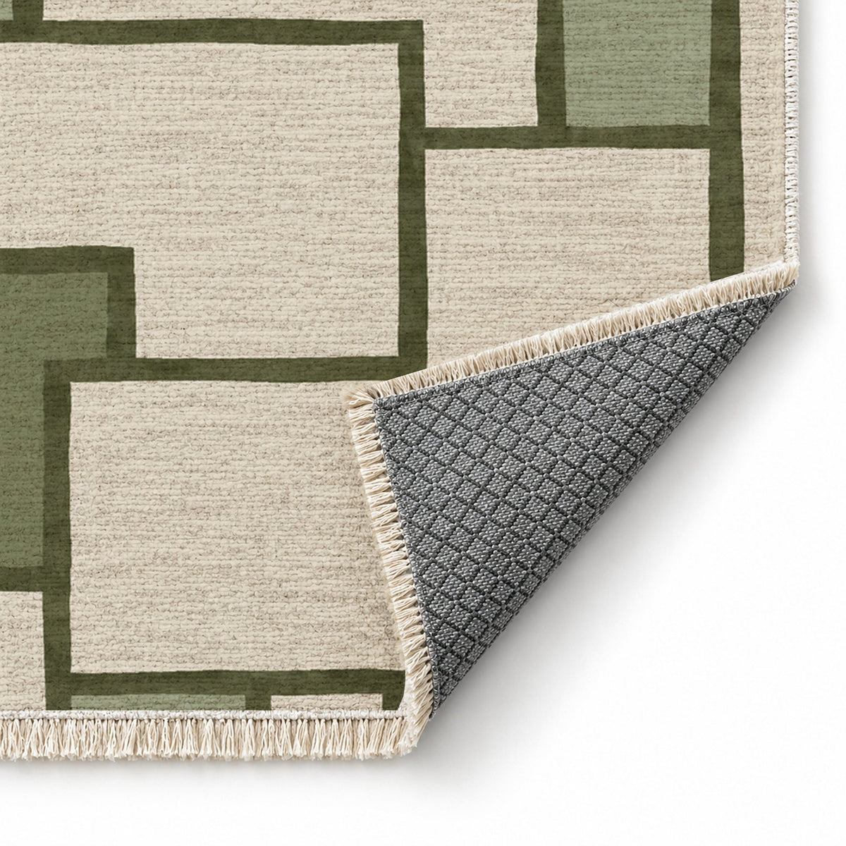 Offset Grid Ivory & Olive washable rug folded corner showing the backing