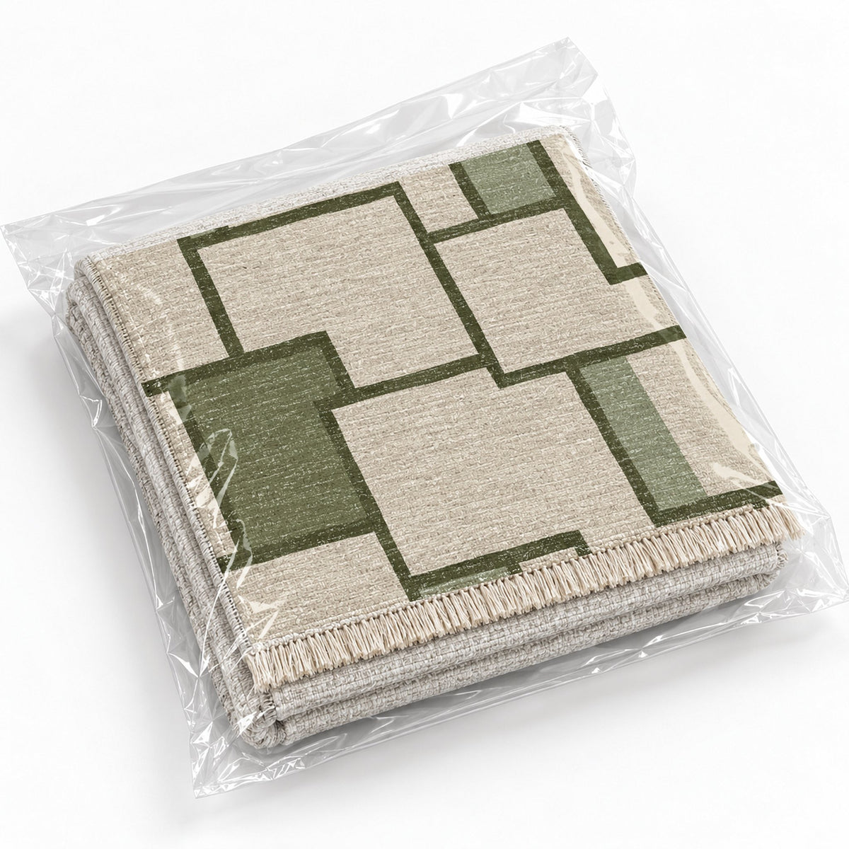 Offset Grid Ivory & Olive washable rug rolled and packaged
