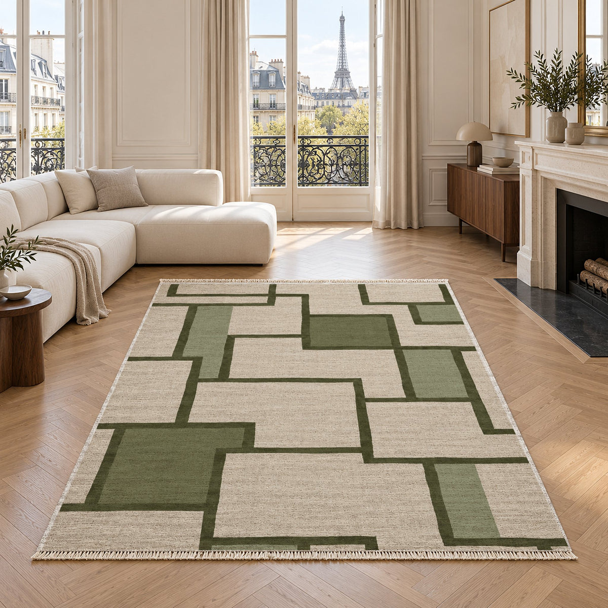 Offset Grid Ivory & Olive washable rug in a living room with an Eiffel Tower view