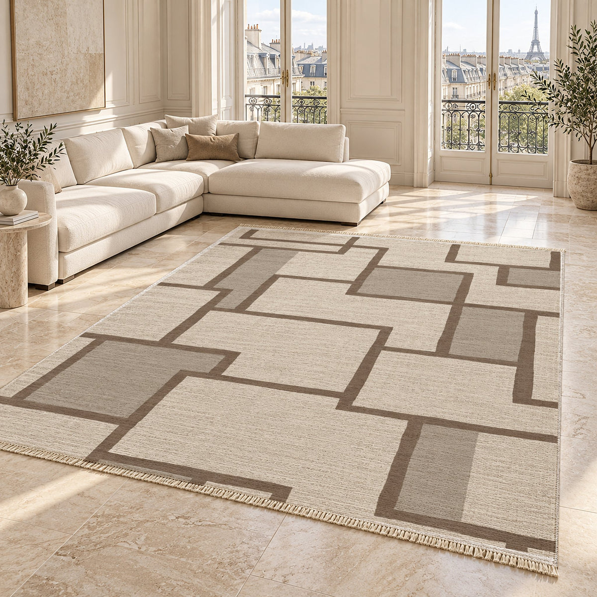Offset Grid Ivory & Taupe washable rug angled room view on marble