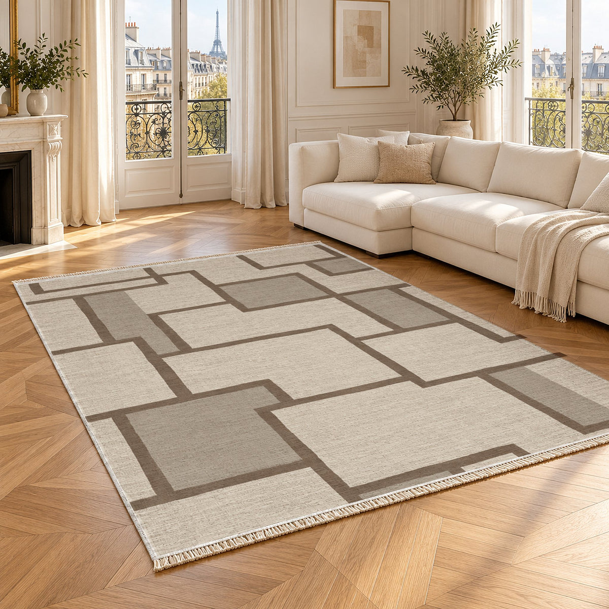 Offset Grid Ivory & Taupe washable rug angled room view