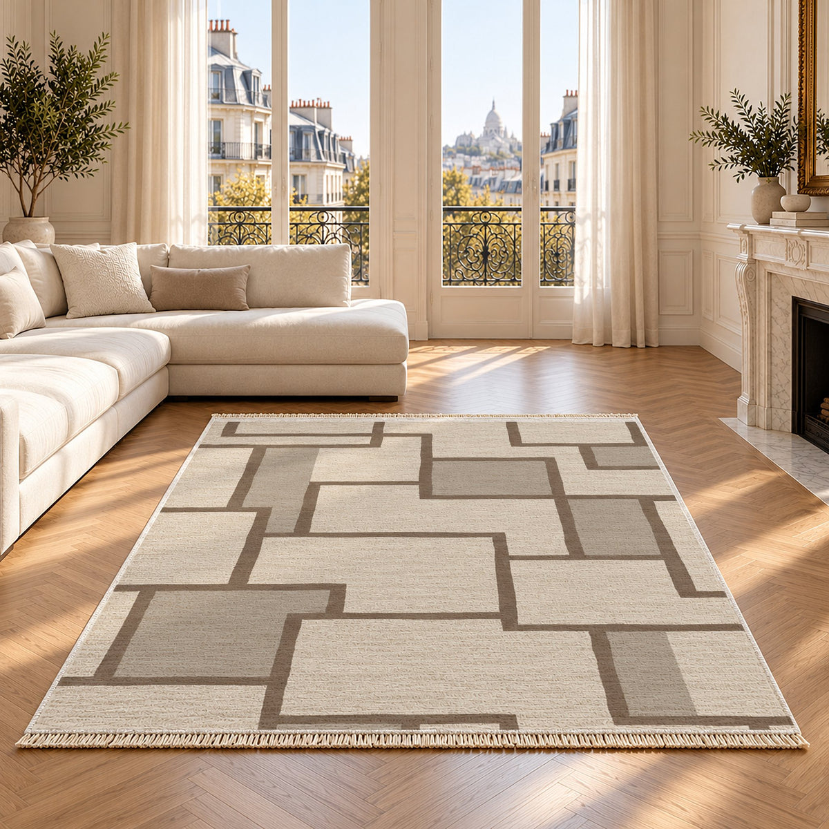 Offset Grid Ivory & Taupe washable rug on an oak floor