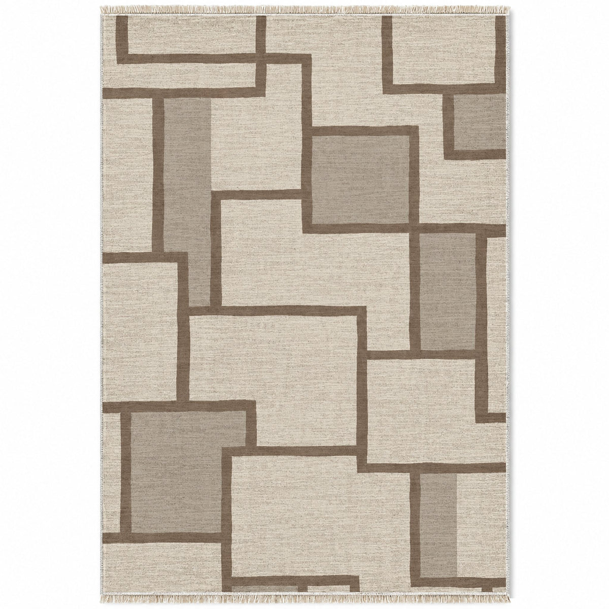 Offset Grid Ivory & Taupe washable rug top view