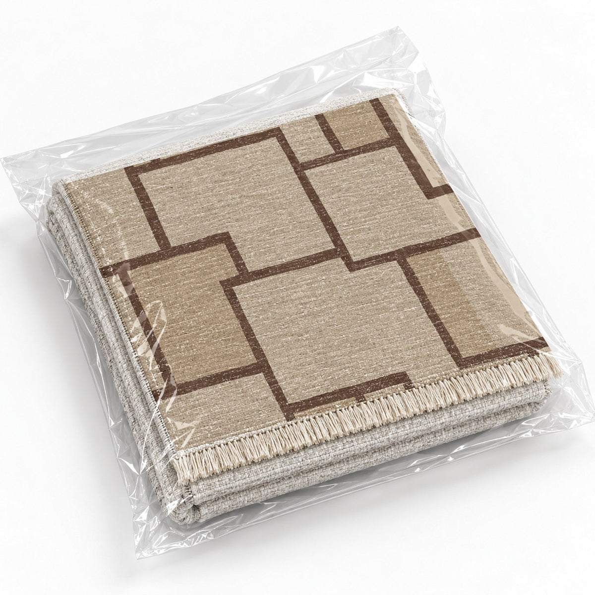 Offset Grid Oat & Cocoa washable rug rolled and packaged