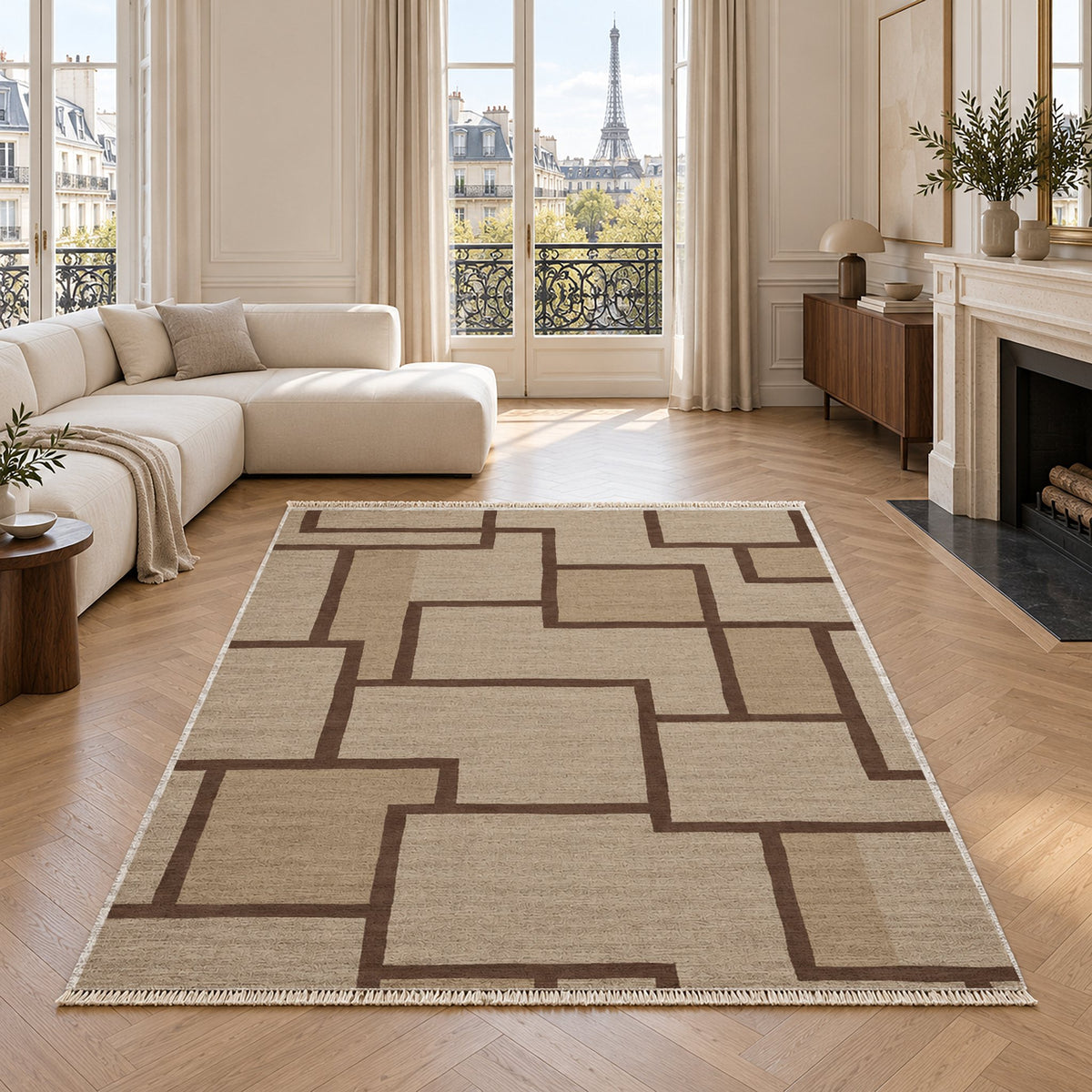 Offset Grid Oat & Cocoa washable rug in a living room with an Eiffel Tower view