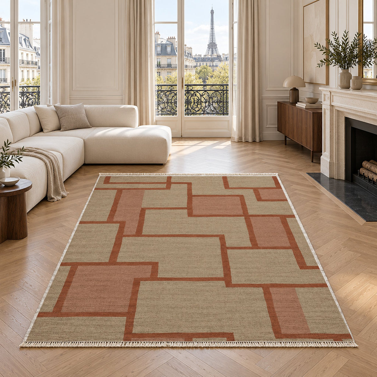 Offset Grid Sand & Terracotta washable rug in a living room with an Eiffel Tower view