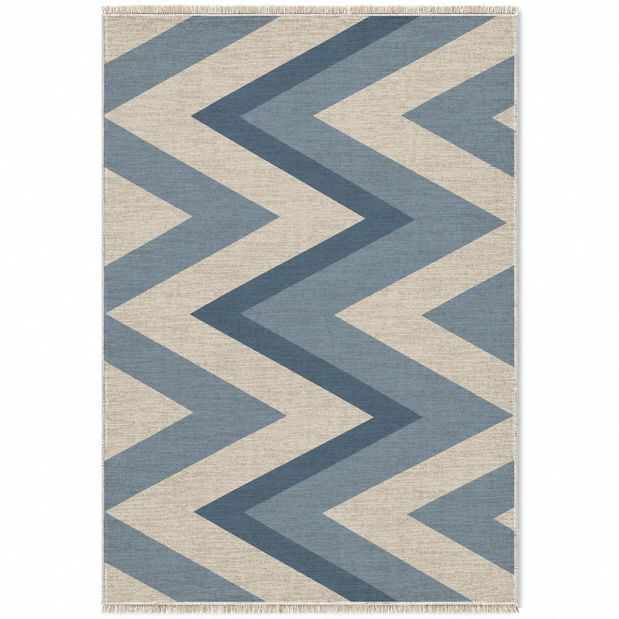 Offset Herringbone Ivory & Denim Stripe Washable Rug