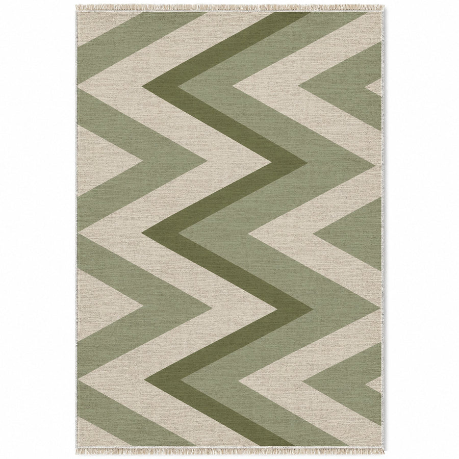 Offset Herringbone Ivory & Olive Stripe Washable Rug