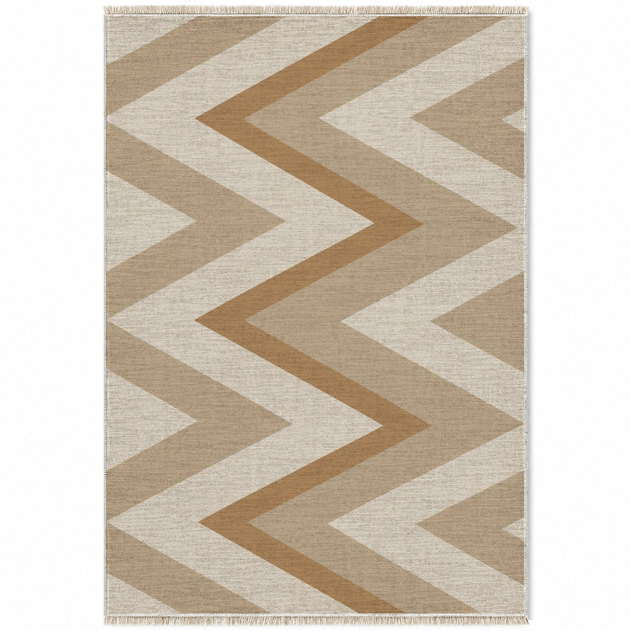 Offset Herringbone Ivory & Sand Stripe Washable Rug