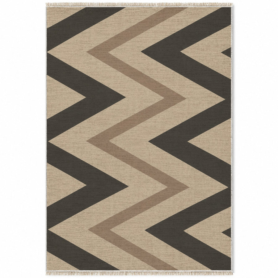 Offset Herringbone Oat & Charcoal Stripe Washable Rug