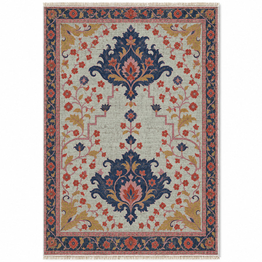 Offset Palmette Gates Glacier, Ink & Vermilion Distressed Washable Rug