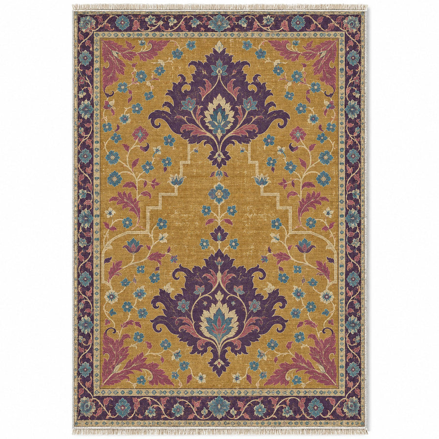 Offset Palmette Gates Golden, Plum & Azure Distressed Washable Rug
