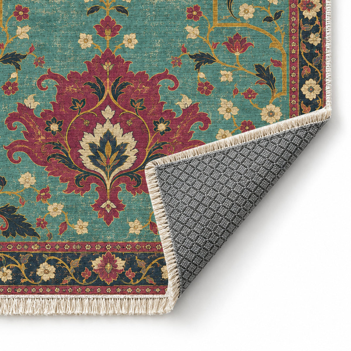 Offset Palmette Gates Lagoon & Berry washable rug folded corner showing the backing