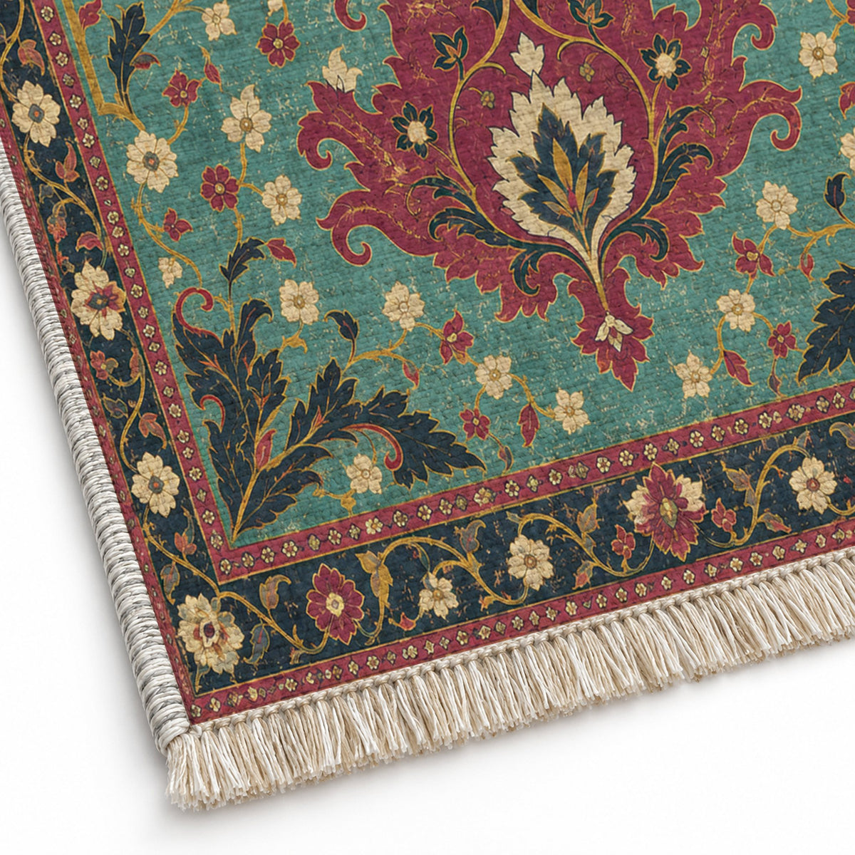 Offset Palmette Gates Lagoon & Berry washable rug close-up of the printed chenille