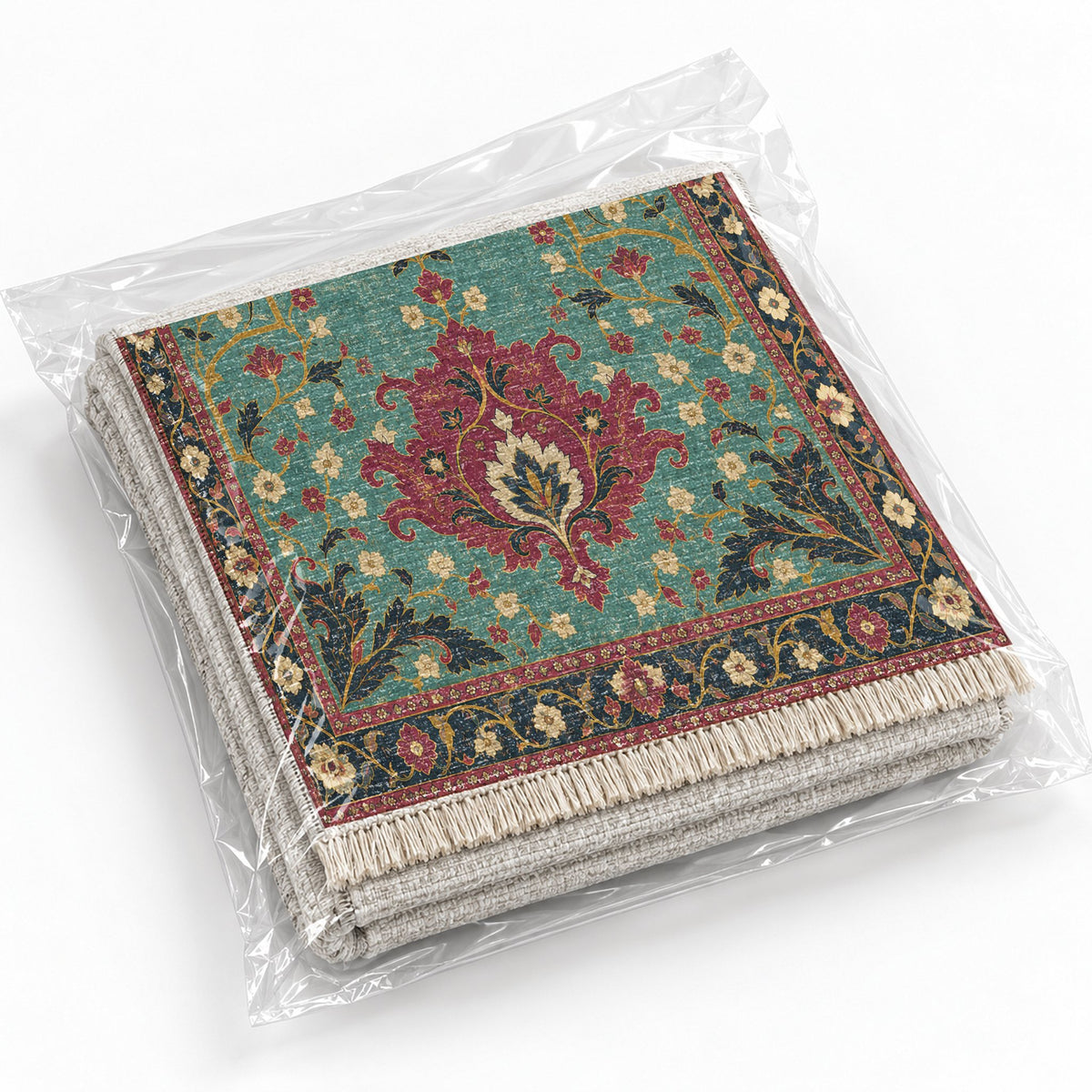 Offset Palmette Gates Lagoon & Berry washable rug rolled and packaged